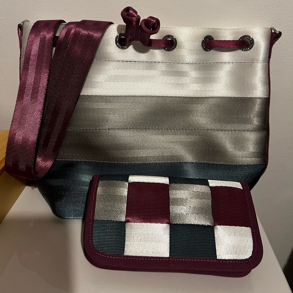 Harveys Purple and Blue Crossbody Bag with matching wallet and charms set